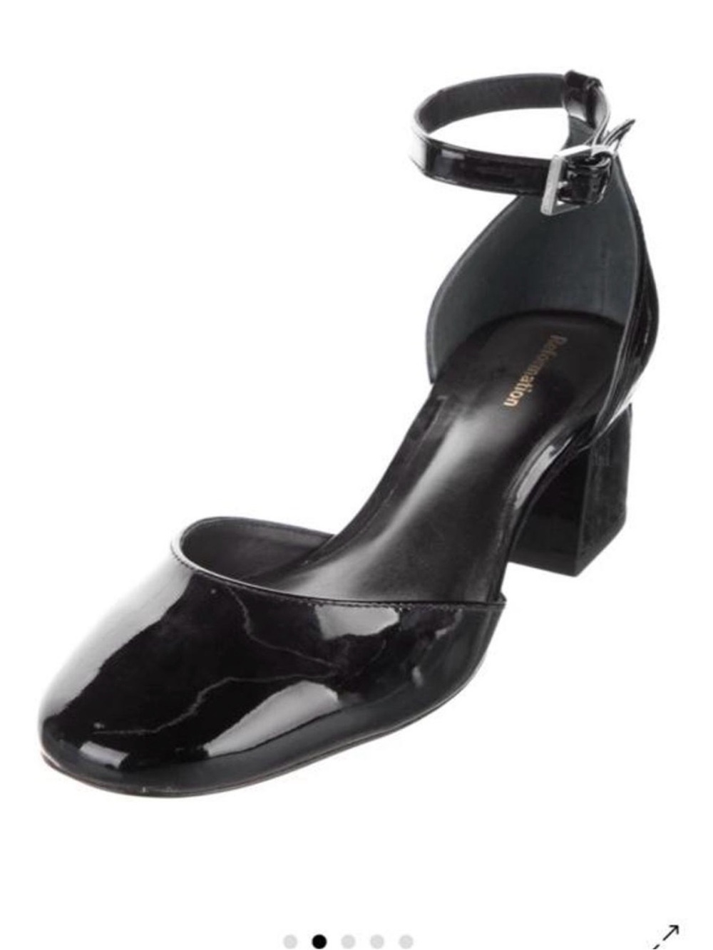 Reformation Black Patent Ankle-Strap Block Heel